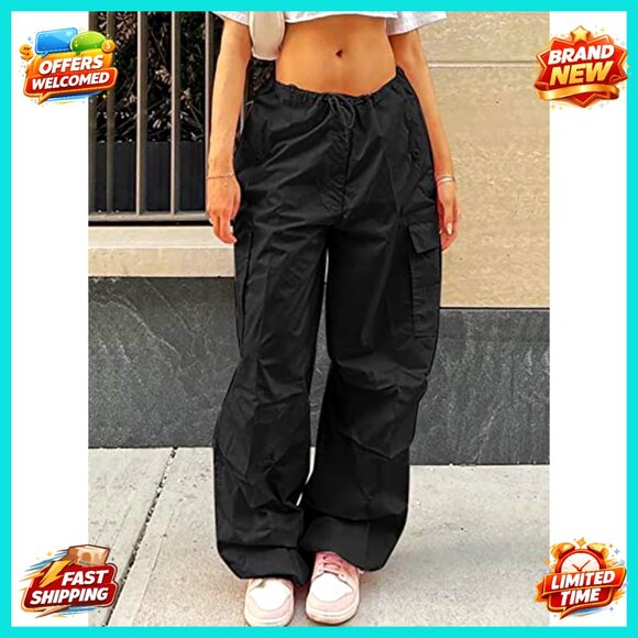 Y2K Parachute Cargo Pants Drawstring Low Rise Loose Sweatpants Baggy Trousers - Picture 3 of 7